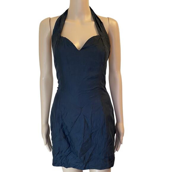 VTG 90s PeggyJames Silk Cocktail Halter Mini Dress Black Whimsigoth Witch Vamp M - Picture 1 of 8